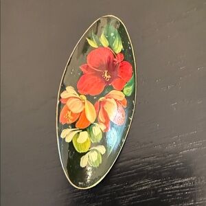 vintage Russian hand-painted lacquer floral brooch, signed